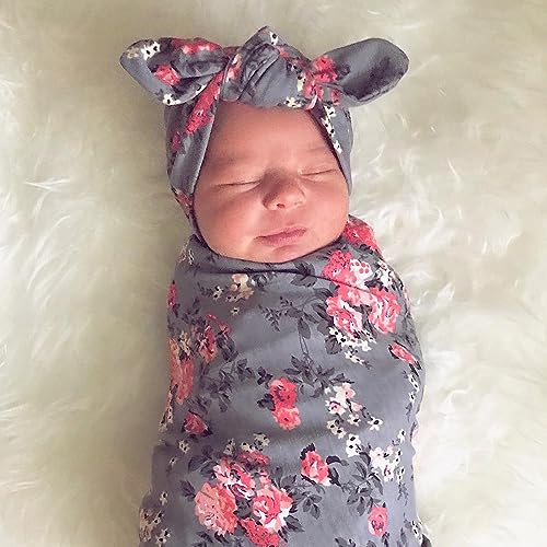 DRESHOW BQUBO 3 Set Floral Swaddle Blanket with Headbands