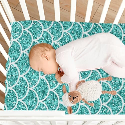 Glitter Teal Mermaid Scales Crib Sheet for Baby Boys