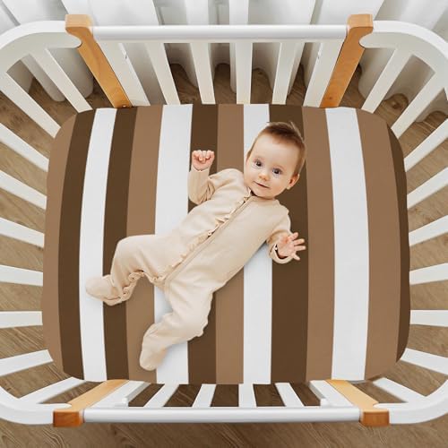 KICPOAY Fitted Crib Sheets with Brown White Stripes for Baby Toddler 1