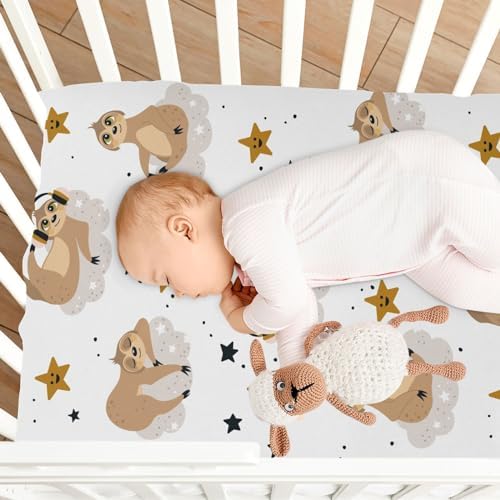 KICPOAY Fitted Crib Sheets with Sloth and Star Pattern 39x27in for Baby