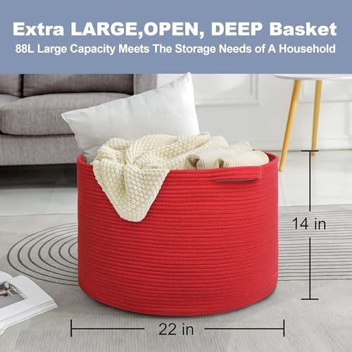 Extra Large Red Woven Cotton Storage Basket for Kids and Laundry