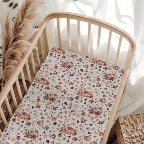 Retro Fall Pumpkins Boho Floral Crib Sheets 52x28 Inch