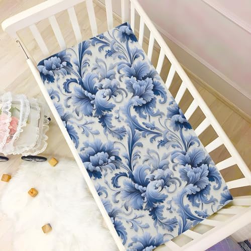 Wassud Blue Floral Crib Sheets Set 28x52 Inches