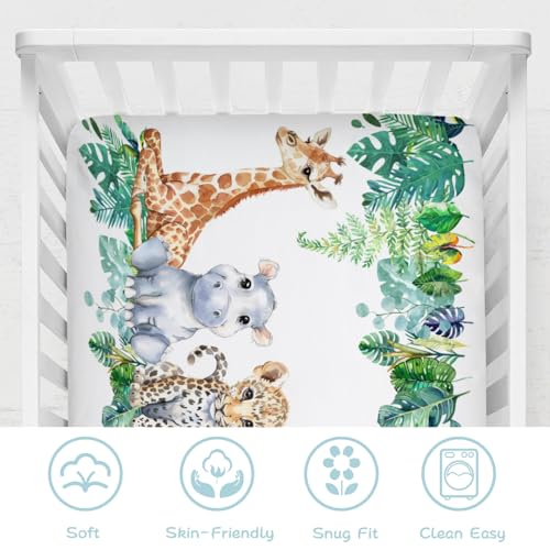 Hwmmbh Jungle Safari Crib Sheet 52x28 Fitted Leopard Elephant Giraffe Zebra Monkey