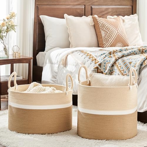 KAKAMAY Cotton Rope Blanket Basket 20x13 Foldable Storage