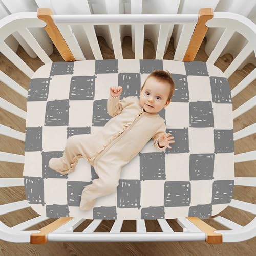 KICPOAY Fitted Crib Sheets Light Grey Checkerboard Doodle Stretchy
