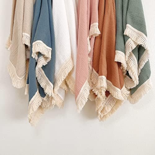 Bettrkind Muslin Receiving Blanket with Boho Fringe Rust