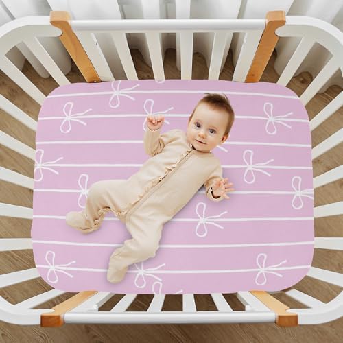Fitted Crib Sheets with Pink White Bows and Stripes for Baby Toddler