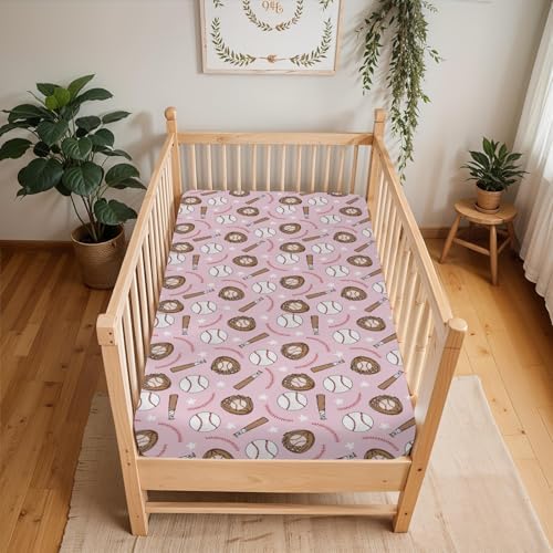Pink Baseball Crib Sheets for Girl 52x28 Inches
