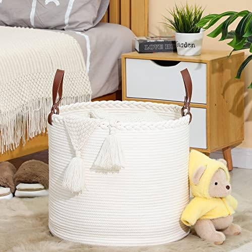 KAKAMAY 18x16 Cotton Woven Blanket Basket with Handles