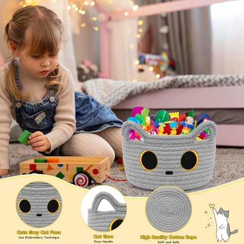 Cute Gray Cat Cotton Rope Storage Basket 85x45 Inches