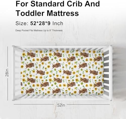 KASTLEE Watercolor Cows Sunflowers Crib Sheets 52x28 Fitted