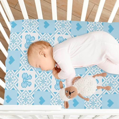 KICPOAY Pixel Blue Bow Heart Crib Sheets Set