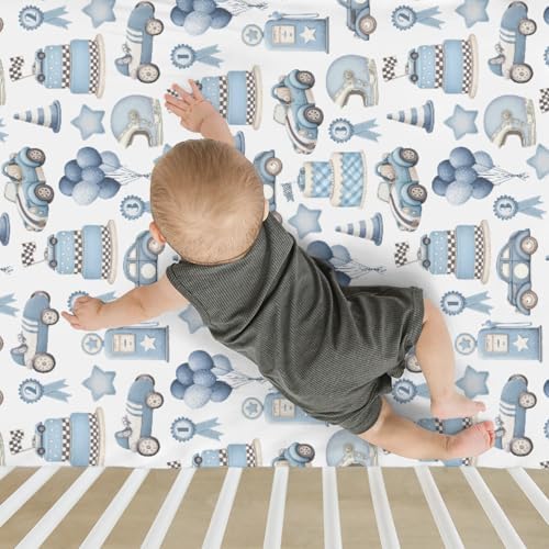 Watercolor Blue Racing Baby Crib Sheets 28x52