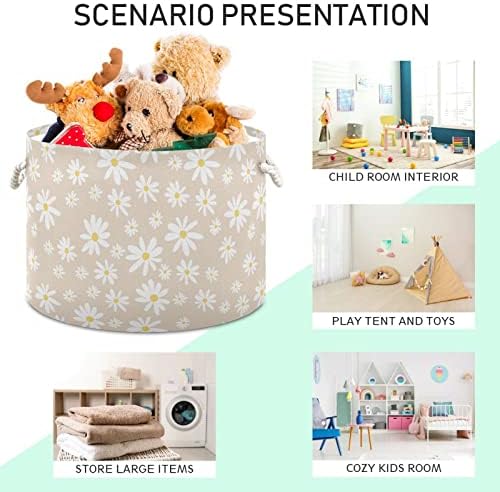 Burbuja Daisy on Beige Round Storage Basket with Cotton Rope Handles 1