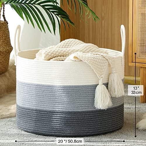 KAKAMAY Cotton Woven Storage Basket 20x13 WhiteGrey