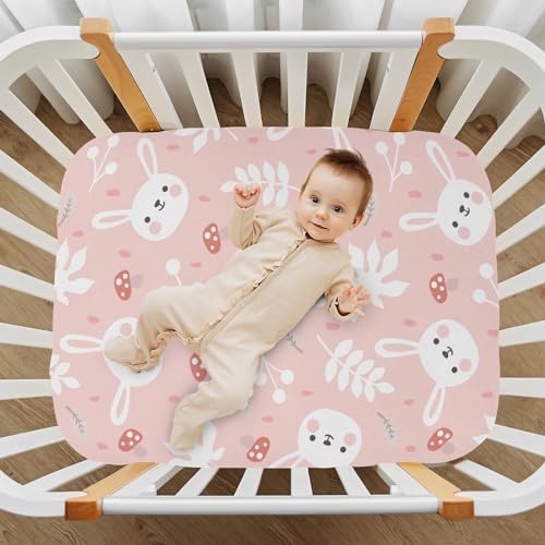 Bunny Mushroom Pink Crib Sheets 52x28in Stretchy Playard Sheets for Baby
