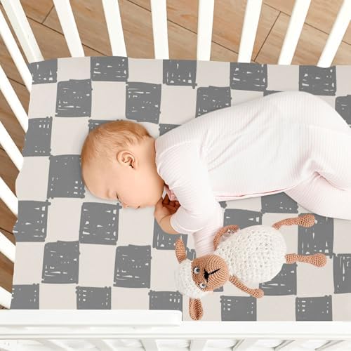 KICPOAY Fitted Crib Sheets Light Grey Checkerboard Doodle Stretchy
