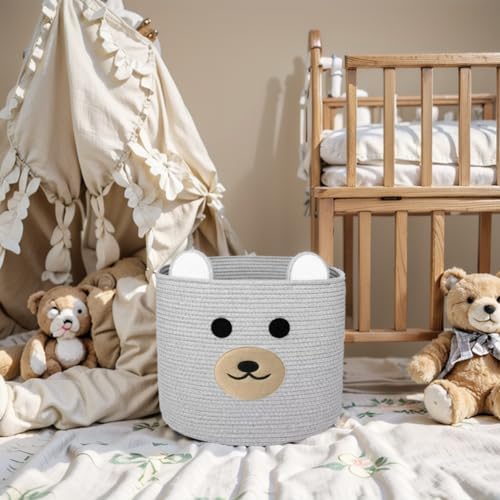 Bear Laundry Baskets Woven Storage Hamper with Handles Grey