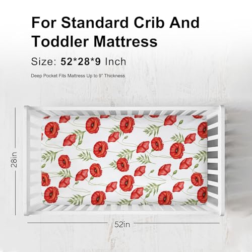 Soft Breathable Floral Crib Sheet 52x28 Red Poppy