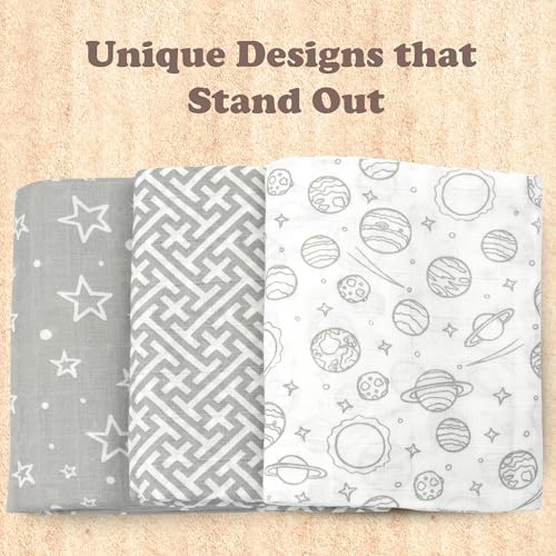 Bublo Baby Muslin Swaddle Blankets 3-Pack Grey 47x47 Inches