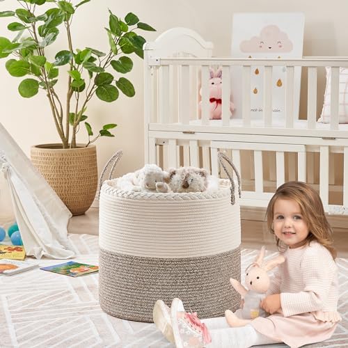 KAKAMAY 18x18x16 Cotton Woven Blanket Basket with Handles