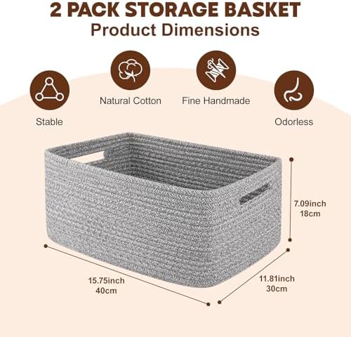 OIAHOMY 2 Pack Woven Storage Baskets for Shelves and Closets