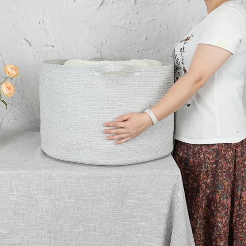 XUANGUO Large Cotton Rope Basket - 22x14 Grey Round Storage
