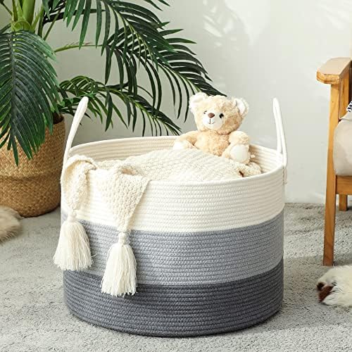 KAKAMAY Cotton Woven Storage Basket 20x13 WhiteGrey