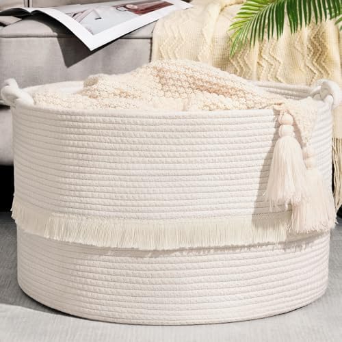 White Large Blanket Basket with Handle 20x13 Woven Storage Basket