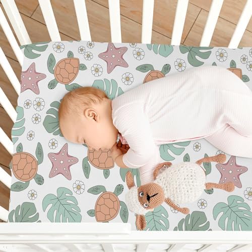 KICPOAY Fitted Crib Sheets with Turtle Starfish Pattern