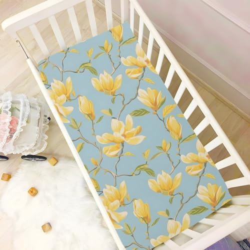 ALAZA Yellow Magnolia Crib Sheets with Blue Background