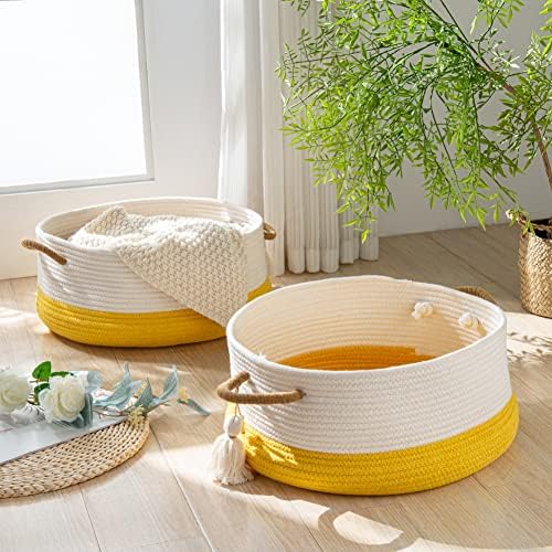 KAKAMAY Cotton Woven Storage Basket 16x8 Yellow
