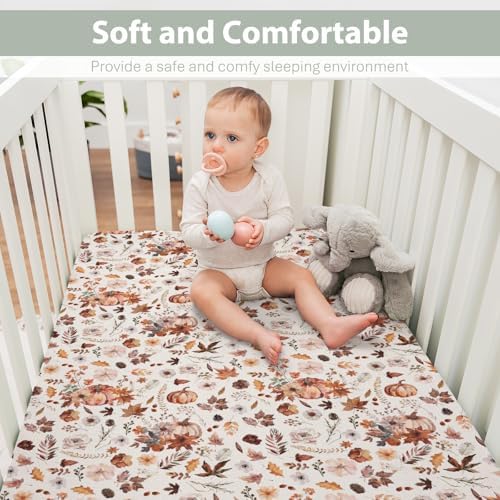 Retro Fall Pumpkins Boho Floral Crib Sheets 52x28 Inch