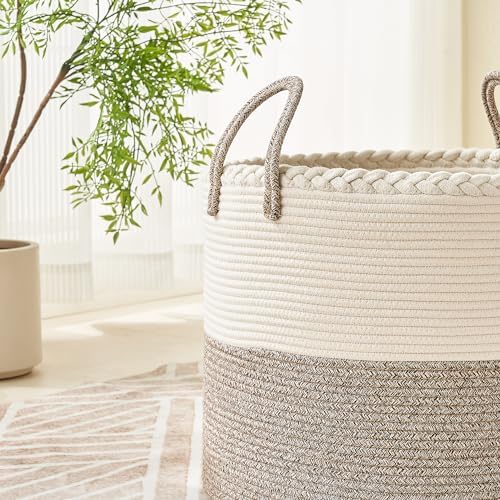 KAKAMAY 18x18x16 Cotton Woven Blanket Basket with Handles