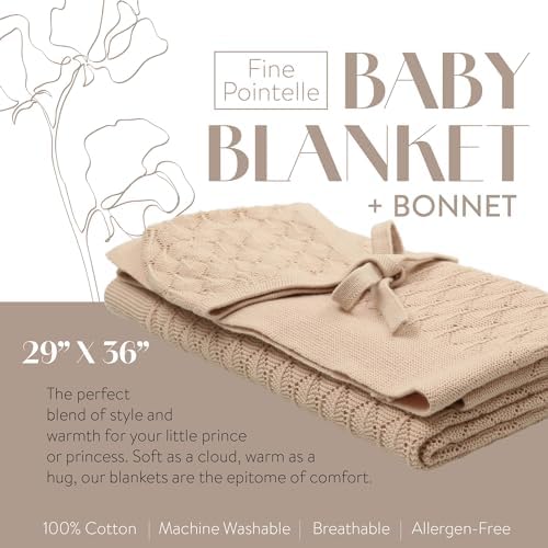 Pointelle Knit Baby Blanket with Bonnet - Cream 29 x 36