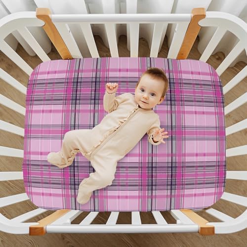 KICPOAY Fitted Crib Sheets Dark Pink Plaid Stretchy Playard Sheets for Baby