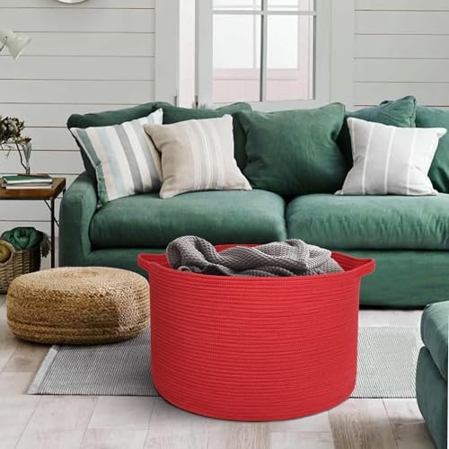 Extra Large Red Woven Cotton Storage Basket for Kids and Laundry