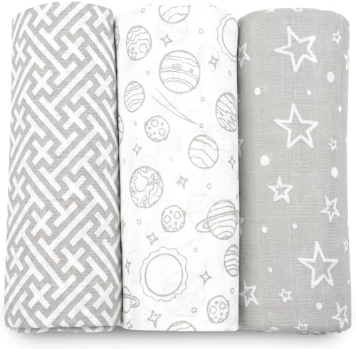 Bublo Baby Muslin Swaddle Blankets 3-Pack Grey 47x47 Inches
