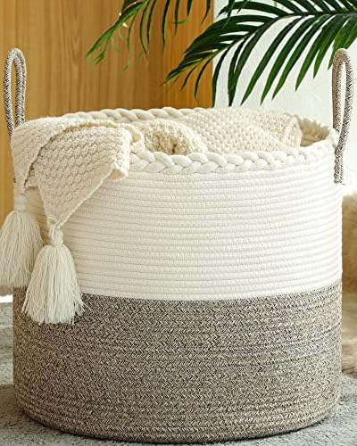 KAKAMAY 18x18x16 Cotton Woven Blanket Basket with Handles