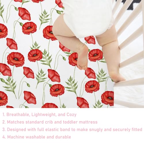 Soft Breathable Floral Crib Sheet 52x28 Red Poppy
