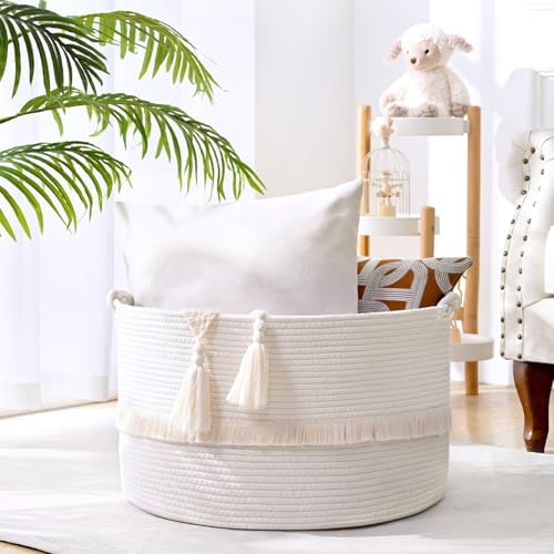 White Large Blanket Basket with Handle 20x13 Woven Storage Basket