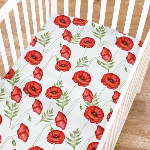 Soft Breathable Floral Crib Sheet 52x28 Red Poppy