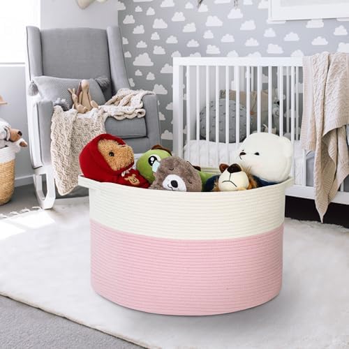 Pink Woven Storage Basket with Handles 22X22X14 XXXL Capacity