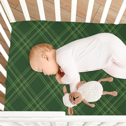 KICPOAY Plaid Diagonal Check Green Crib Sheets for Playard and Crib