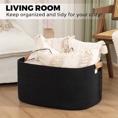 Danpinera Large Woven Basket 108L Cotton Rope Hamper with Leather Handle