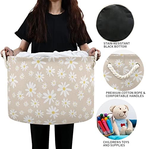 Burbuja Daisy on Beige Round Storage Basket with Cotton Rope Handles 1