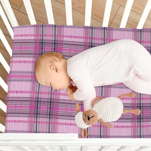 KICPOAY Fitted Crib Sheets Dark Pink Plaid Stretchy Playard Sheets for Baby