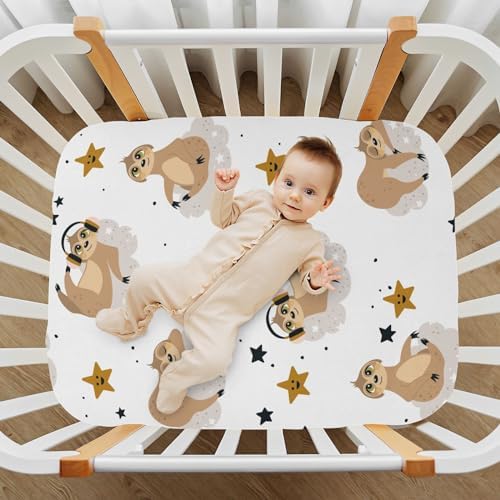 KICPOAY Fitted Crib Sheets with Sloth and Star Pattern 39x27in for Baby