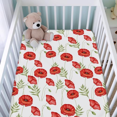 Soft Breathable Floral Crib Sheet 52x28 Red Poppy
